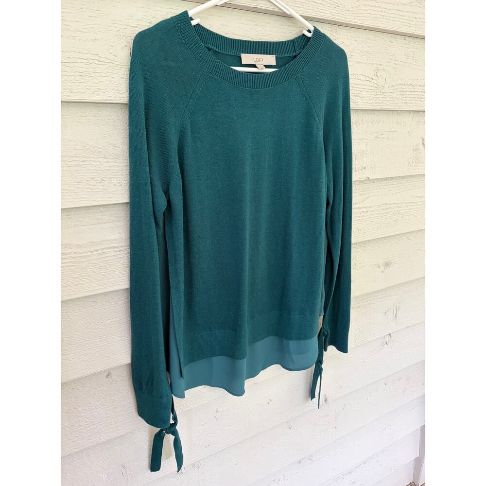 LOFT Teal Knit & Chiffon Layered Sweater Top Size Medium - Picture 3 of 6
